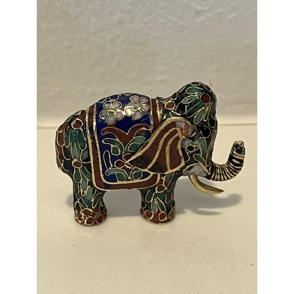 Small Cloisonne Vintage Elephant Figurine, Multi Colored With Gold Accents